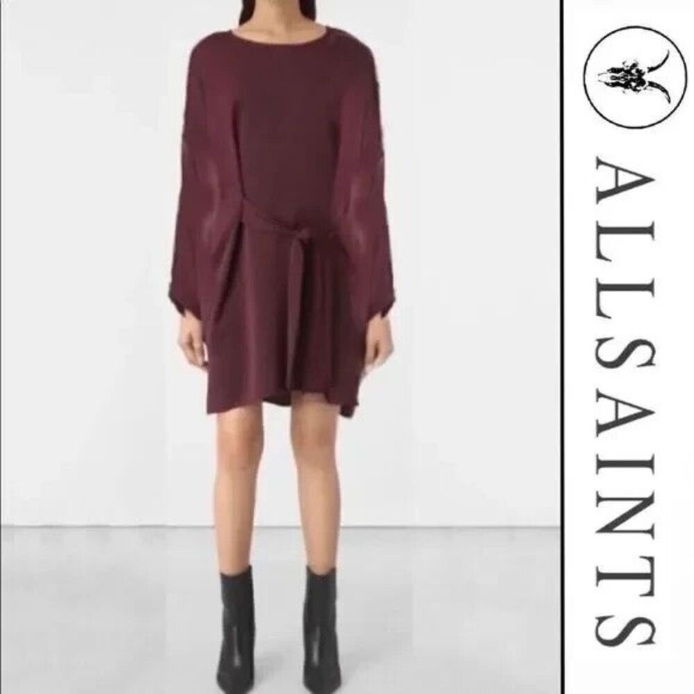 AllSaints Wine-Burgundy Long Sleeve Mini Dress with Waist Tie